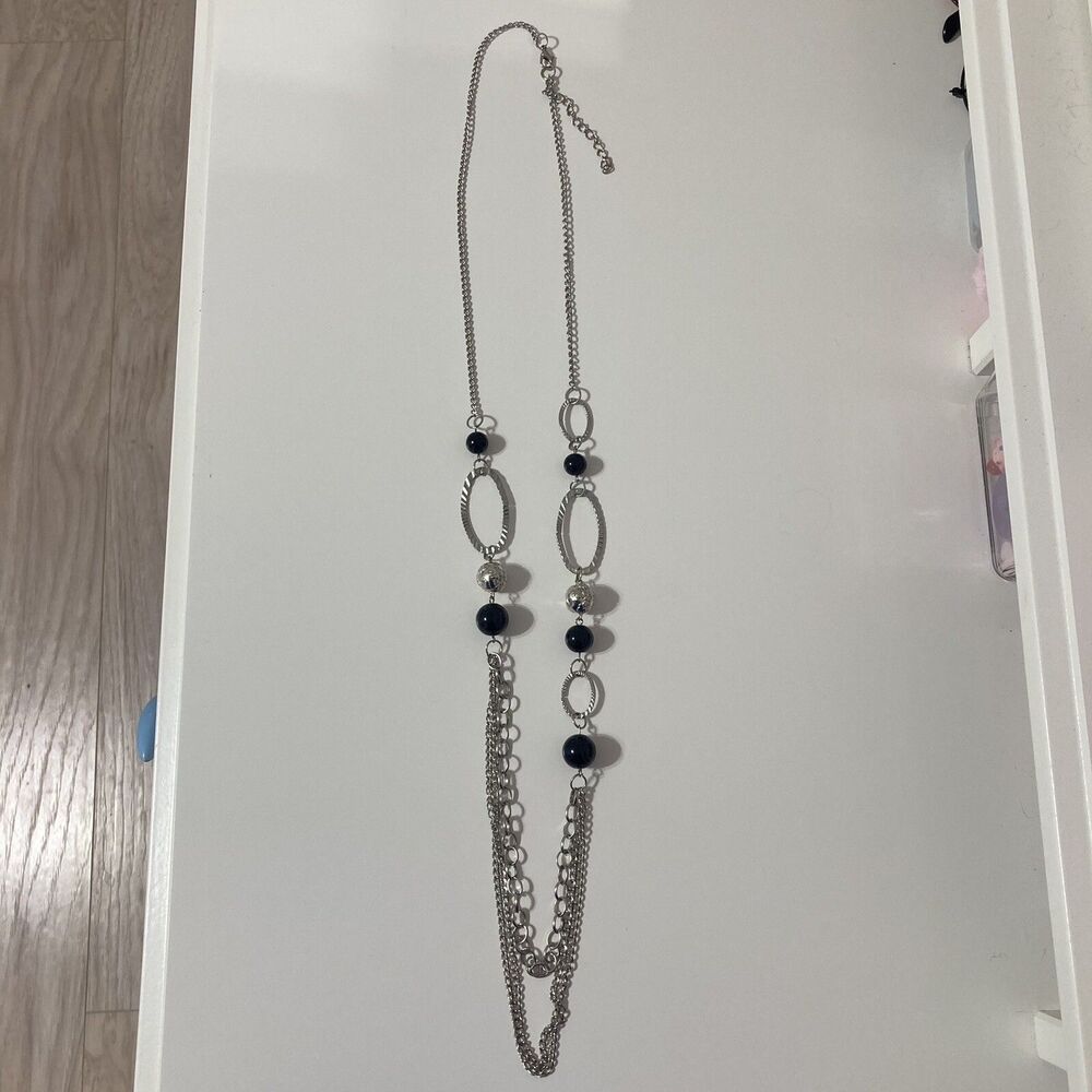 Long Layered Chain Ringlet Silver Tone Black Round Beaded Statement Necklace